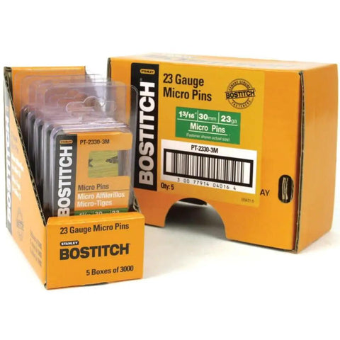 23 Gauge Headless Pin Nails 1-3/16 Inch Finish-Coated Chisel Point, 3000 Pack with packaging boxes visible