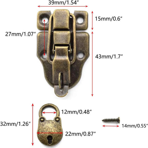 Antique Cabinet Duckbilled Toggle Latch And Heart Shaped Padlock Kit showing latch and lock dimensions in bronze finish