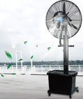 Heavy Duty Oscillating Mist Fan With Three Speed Levels And Adjustable Pedestal For Spacious Airflow And Instant Spray Cooling To Slash The Summer Heat And Keep Your Spot Chill All Day Long in outdoor setting with mist.