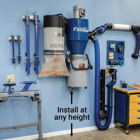 Rockler Dust Right Wall Mount Drum Brackets For 20 Gallon HEPA Cyclone Dust Collector installed on wall for woodworking workspace.