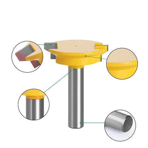 Badass Straight Router Bit For Drawer Molding And Lock Tenon With Smooth As Butter Cutting Action Rock Solid Hardened Steel Build Half Inch Shank and Fully Enclosed Bearing close up view.