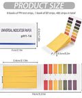 Full Range pH Test Strips Kit 1 To 14 With 480 Pieces In 6 Pack showcasing product size and color chart for easy reading.