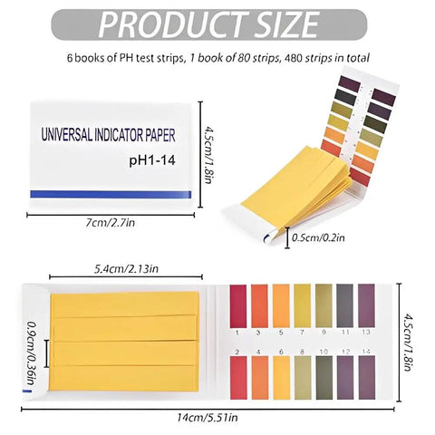 Full Range pH Test Strips Kit 1 To 14 With 480 Pieces In 6 Pack showcasing product size and color chart for easy reading.