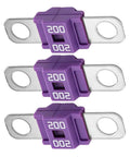 3 Pack Auto AMI Midi Fuses Bolt On 40 Amp Replacement Fuse For Cars Trucks Golf Carts Heavy Duty Flame Retardant Housing With Tin Zinc Terminals Straight Plug Rig Ready Workhorse showing three purple midi fuses.