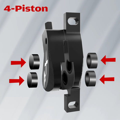 DYISLAND SD-230X 4-Piston MTB hydraulic brake caliper exploded view, black aluminum with mounting ears