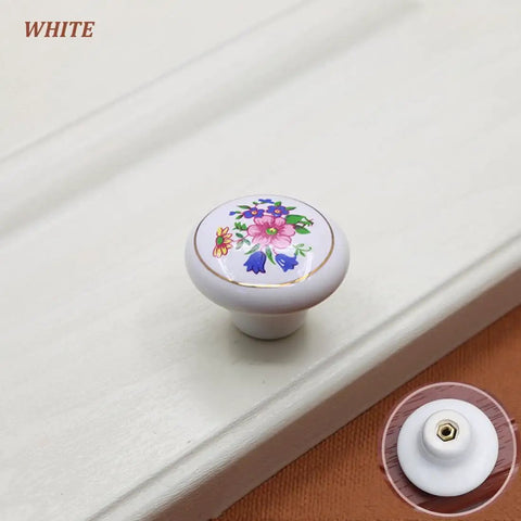 Ceramic Hand Painted Drawer Knobs Four Pack Vintage Floral Cabinet Pulls For Dresser Cupboard Wardrobe And Closet With Glossy White Flower Design