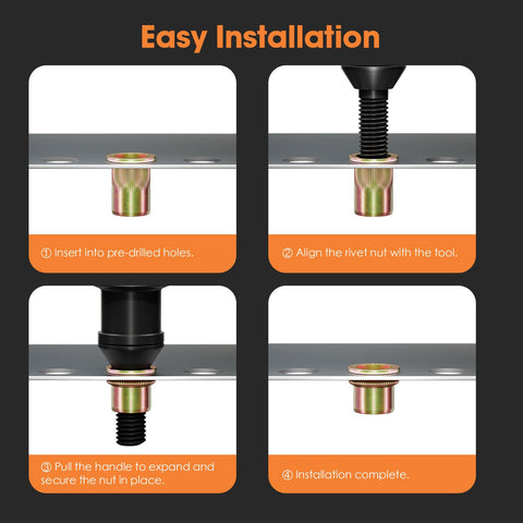 Easy installation steps for Rivet Nut Assortment Kit 240 Pcs Set With Metric Rivnuts And Threaded Inserts