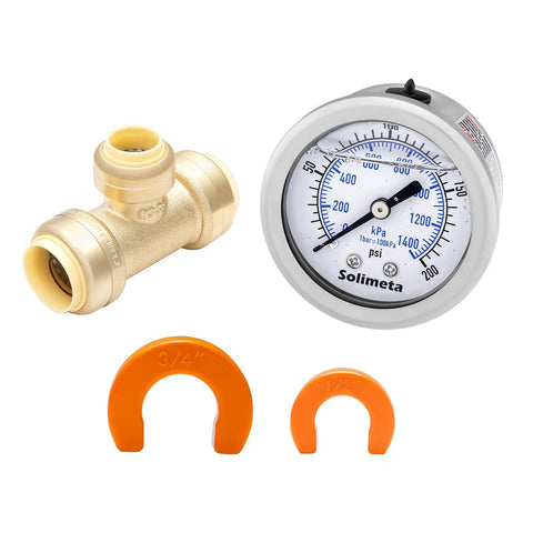 Push To Connect 2 Inch Liquid Filled Pressure Gauge With 3/4 Inch Tee, Stainless Steel Glycerine-Filled Gauge For PEX CPVC PE-RT SDR-9 HDPE
