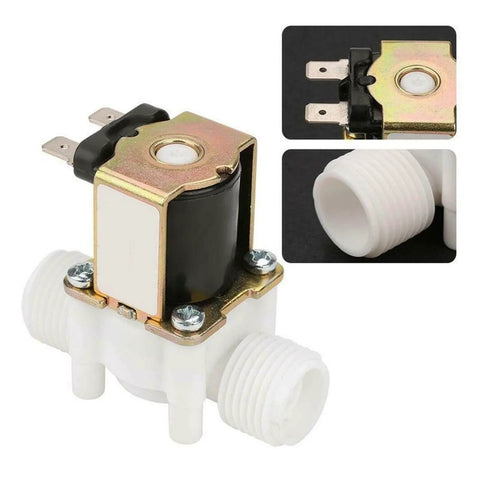 Normally Open Plastic Solenoid Valve Half Inch to Three Quarter Inch Water Dispenser Valve 12V 24V DC AC Compatible seen from side view