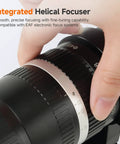 Close-up of APO Telephoto Astro Lens 105mm F2.8 focus ring with integrated helical focuser for precise tuning.