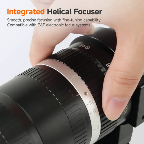 Close-up of APO Telephoto Astro Lens 105mm F2.8 focus ring with integrated helical focuser for precise tuning.