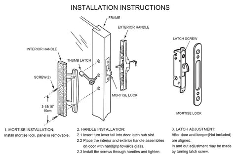 Diagram for Installing Sliding Patio Door Handle Set With Mortise Lock And Key Cylinder For Wood Doors, White Finish.