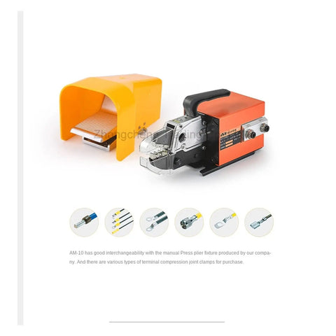 Game Changing Electric Crimping Machine With Quick Swap Jaws For Cold Press Terminals Automatic Compact Terminal Crimping Tool with orange cover.