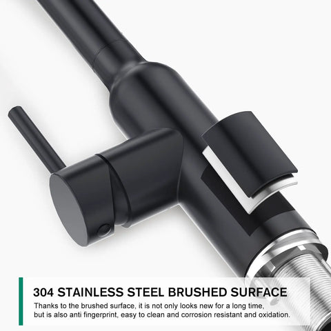 Matte Black Kitchen Faucet With Pull Down Sprayer And 3 Modes featuring 304 stainless steel brushed finish detail.