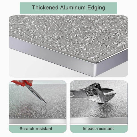 Close-up of 2cm thick aluminum heat shield mat with flame retardant insulation for ovens and stoves, showing scratch and impact resistance.