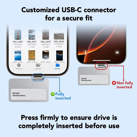 1TB Pro Go Portable SSD For 4K ProRes Creators With 1050 MB Per Second Speed, USB 3.2 Gen 2, showing USB-C connector use on device