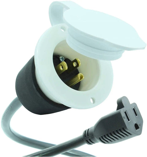 15 Amp AC Power Inlet Port With 20 Inch Outdoor Extension Cord Waterproof Shore Power Receptacle For RV Boat Truck Marine And Industrial Use 125 Volt 5 15R, showing the plug and inlet connection.