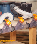 Two-Pack 2-1/2 Inch ID Y Fittings For 2-1/2 Inch OD Dust Collection Pipes With Built-In Couplers And Splices in woodworking setup
