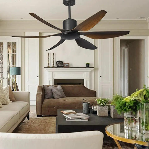 Stylish 66 Inch Silent Ceiling Fan With Built In Light And Smart Remote in a modern living room, featuring six blades and DC motor.