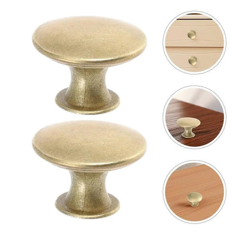 Antique Gold Round Drawer Knobs 6 Pc Set For Cabinets Dresser And Furniture Retro Vibe Door Handles For Kitchen RV And Home Decor Comfortable Grip Durable Hardware, shown in various installation scenarios.