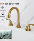 Brushed gold bathroom faucet set with double lever handles and detachable aerator on white sink during salt spray test.