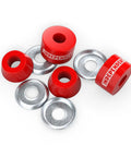 Skateboard Trucks With Genuine Original Cushions And Soft 90A Bushings For Independent Stages 1 Through 7 To Boost Stability And Smooth Ride Replacement Parts featuring red urethane cushions and metal cup washers.