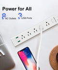 Two Prong To Three Prong Power Strip With Five Outlets And Three USB Ports Five Foot Extension Cord Surge Protector Up To 1625W Polarized Grounded Outlet Converter Wall Mountable Black on a desk.