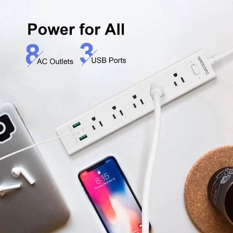 Two Prong To Three Prong Power Strip With Five Outlets And Three USB Ports Five Foot Extension Cord Surge Protector Up To 1625W Polarized Grounded Outlet Converter Wall Mountable Black on a desk.