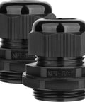 Two Pack 1-1/4 Inch NPT Nylon Cable Glands Waterproof Adjustable 18.5-25mm 0.73-0.98 Inch IP68 Weatherproof Seals With Gaskets For Indoor And Outdoor Electrical Installations And Cable Entry Protection black nylon cable glands, angled view