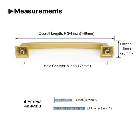Gold Cabinet Handles Set 10 Pack 5 Inch Hole Center Drawer Pulls with measurements and screws shown