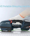 Slick Rechargeable Handheld Strapping Tool For Automatic Heat Sealing Pp Pet Banding Machine No Clip Packing Sealer being held with green strap