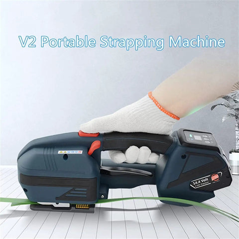 Slick Rechargeable Handheld Strapping Tool For Automatic Heat Sealing Pp Pet Banding Machine No Clip Packing Sealer being held with green strap