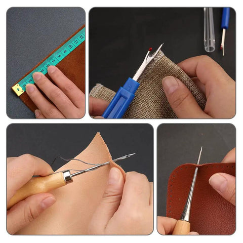 Heavy Duty Upholstery Repair Kit With Leather Sewing Set, Waxed Thread, Assorted Needles And Awl For DIY repairs shown in use