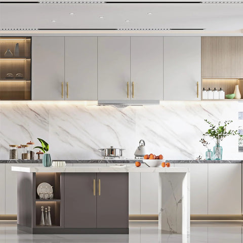 Modern kitchen with white cabinets featuring Champagne Bronze Knurled 3 Inch (76mm) Cabinet Handles 10 Pack for Kitchen Cabinets.