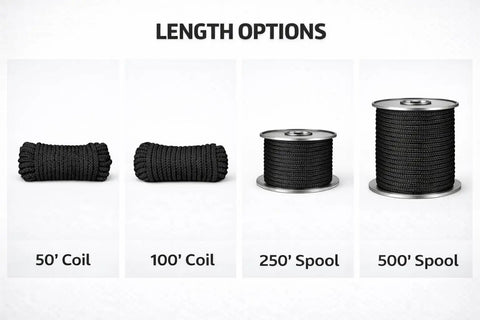 Heavy Duty Nylon Rope Solid Braid Utility Rope for Pulleys and Winches, Dock Tie Downs, in 50' Coil to 500' Spool lengths