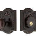 Meadows Plate Single Cylinder Deadbolt And Door Knob Set In Timeless Bronze, Solid Brass Construction showing exterior and interior trim