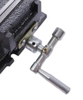 Close-up of Pro Grade Top Shelf 3 Inch 2 Way Cross Slide Drill Press Vise With XY Travel Scales heavy-duty handle detail.
