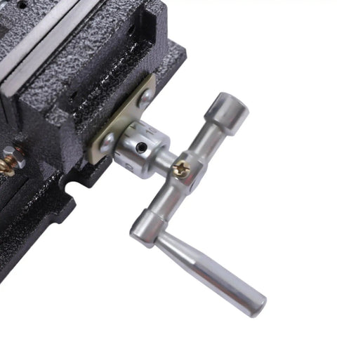 Close-up of Pro Grade Top Shelf 3 Inch 2 Way Cross Slide Drill Press Vise With XY Travel Scales heavy-duty handle detail.