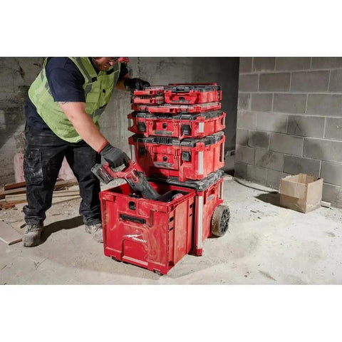 Impact Tool Box With Rolling Drawer For Heavy Duty Jobs, Red, One Handed Opening, 250 Pound Capacity, in use at a construction site.