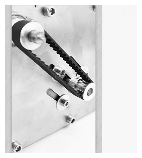 Close-up of drive mechanism in Top Rated Mini Belt Sander Desktop Electric Power Tool For DIY Woodworking Projects Compact Sanding Machine.
