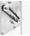 Close-up of Mini Desktop Belt Grinding Machine Compact Electric Sander parts, showcasing the drive belt and motor assembly.