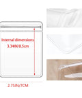 Clear Jewelry Zipper Bags For Packaging Rings And Earrings, Anti Tarnish And Waterproof, dimensions illustration, close-up details.