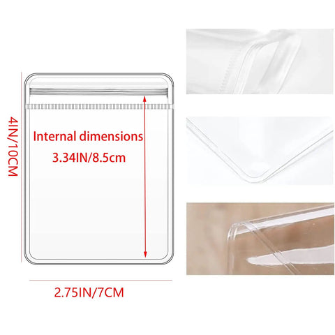 Clear Jewelry Zipper Bags For Packaging Rings And Earrings, Anti Tarnish And Waterproof, dimensions illustration, close-up details.