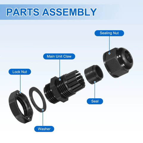 10 Pack G1/2 Inch Cable Glands Adjustable 6 to 12.5 Millimeters PA6 Nylon IP68 Waterproof Connectors With Seals Black parts assembly view