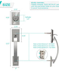 Double Front Door Handle Set With Heavy Duty Lock, Satin Nickel Finish, showing dimensions and keyed entry with dummy handle view.