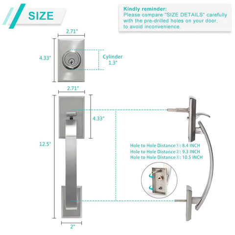 Double Front Door Handle Set With Heavy Duty Lock, Satin Nickel Finish, showing dimensions and keyed entry with dummy handle view.