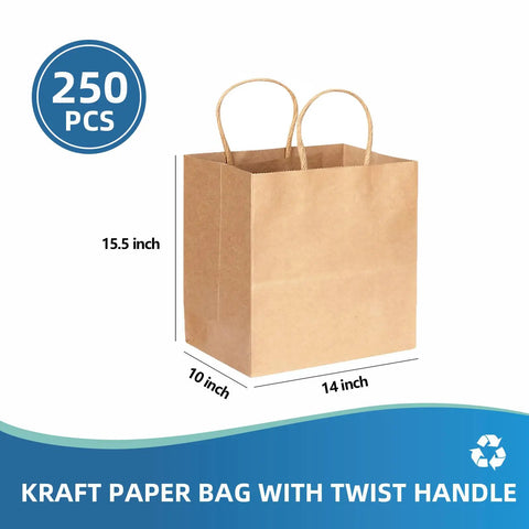 250 Pack Brown Kraft Paper Bags With Two Sturdy Handles 14x10x15.5 Inch Large Gift Bags For Takeout Retail Packaging