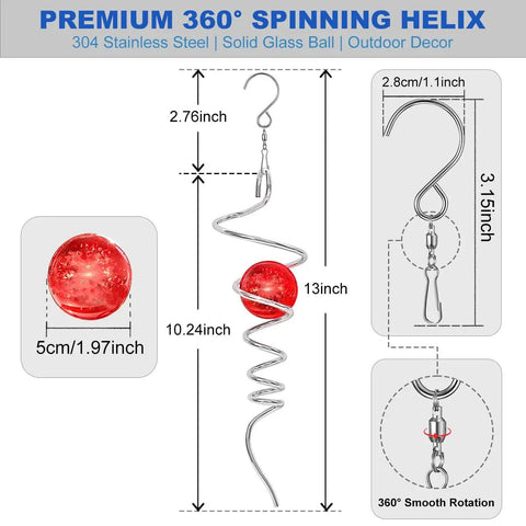 Spiral Tail Gazing Ball Wind Spinner 13 Inch Stainless Steel With 360 Degree Swivel Hook Red Crystal Glass Orb optical illusion hanging decor