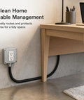 Built Tough Workhorse Corrugated Flexible Conduit Pipe With Compression Fitting Connector For Electrical Cable Routing And Wiring Harness Protection Rated At 20 Bar Pressure In A Sturdy 19 Millimeter Coil under a desk for cable management.