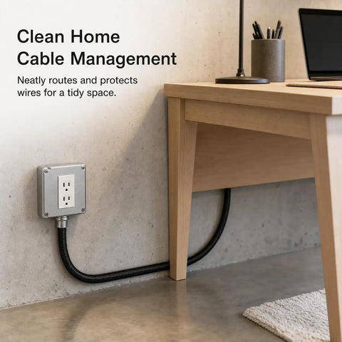Built Tough Workhorse Corrugated Flexible Conduit Pipe With Compression Fitting Connector For Electrical Cable Routing And Wiring Harness Protection Rated At 20 Bar Pressure In A Sturdy 19 Millimeter Coil under a desk for cable management.